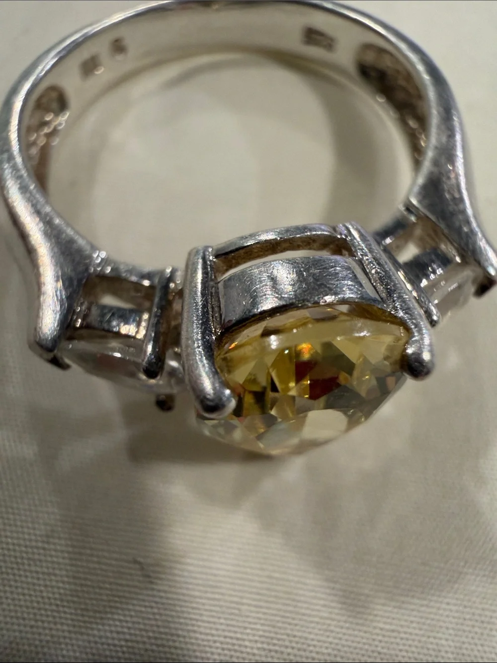 925 Silver Pear-Cut Yellow Citrine Ring with Side Cubic Zirconia stones